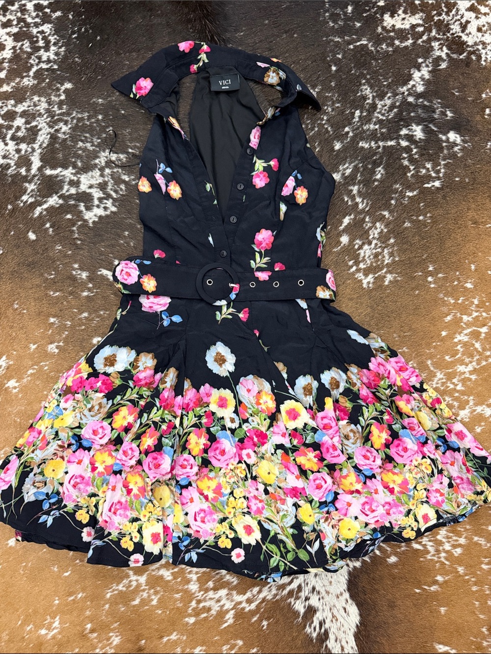 VICI Black Floral Belted Sleeveless Kids Dress with Pink & Yellow Blooms